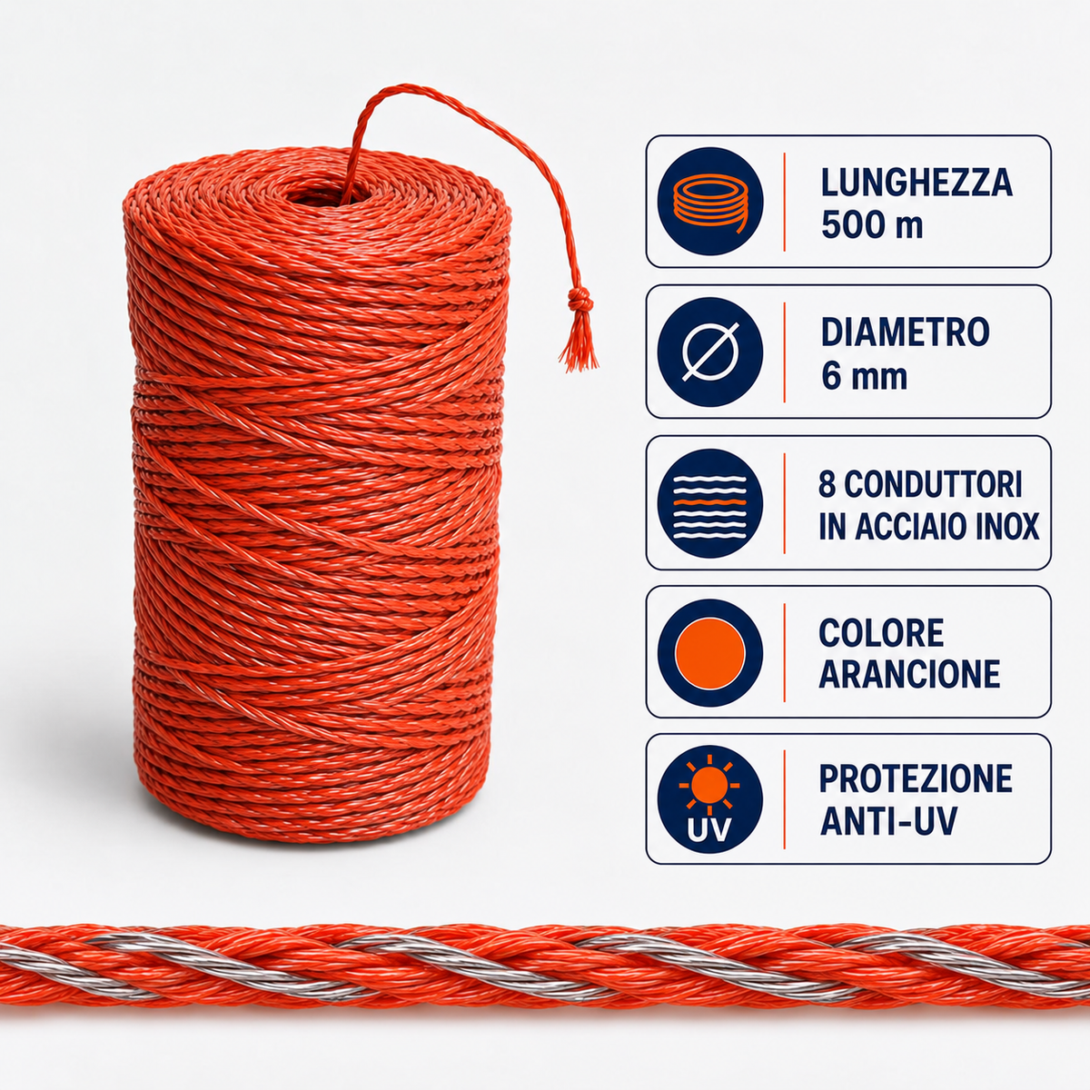 Dettaglio del filo elettrico arancione da 6 mm con 8 conduttori e protezione anti-UV